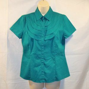 Worthington Stretch Womens Top Blouse Size Medium Button Front Pleated Teal
